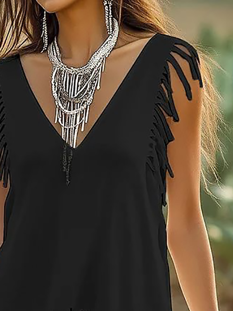 Black Fringed Casual Sleeveles – Ethnic Chic Fashion Bewertung und Preis